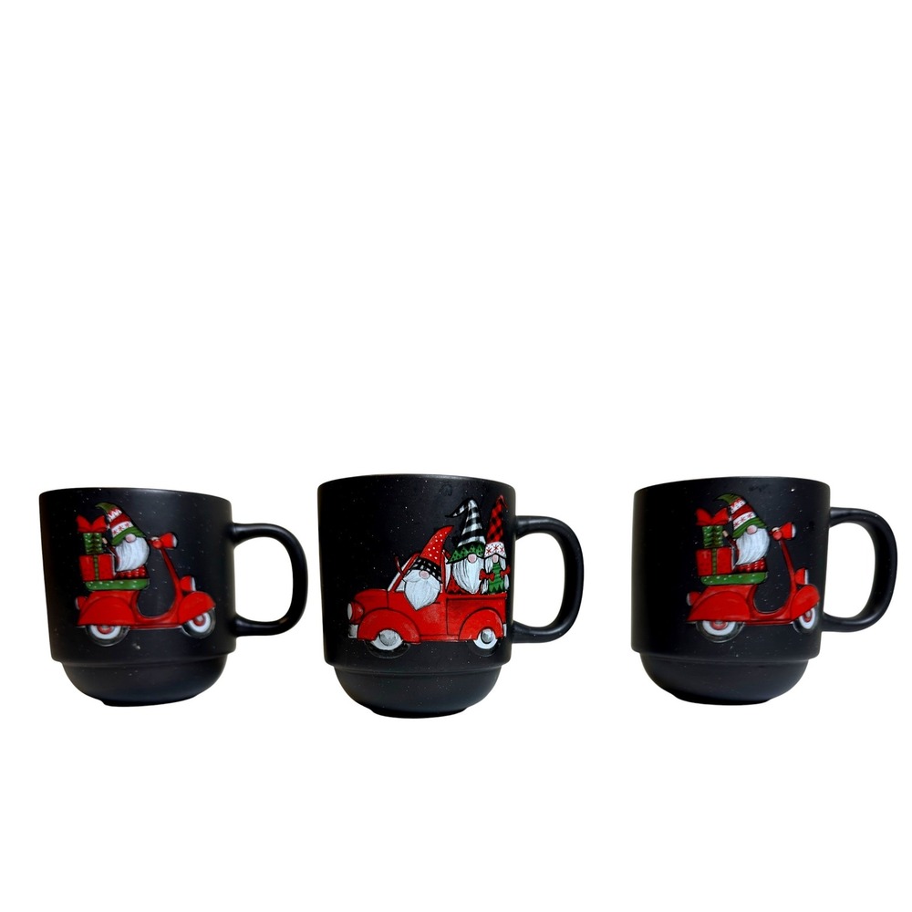 Peppermint & Pine‎ Christmas Gnome Mug Set 3 Black Red Truck Scooter Stoneware